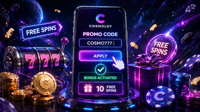 Активация промокода Космолот в разделе Акции личного кабинета с вводом кода, проверкой условий бонуса и подтверждением получения награды