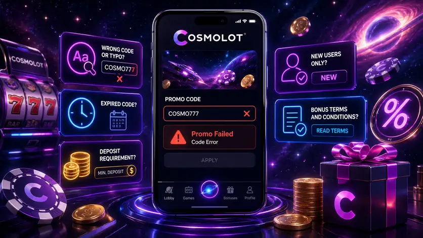 Почему промокод Cosmolot не работает — просроченный код, ошибка ввода, депозит ниже минимума, повторная активация или ограничения аккаунта